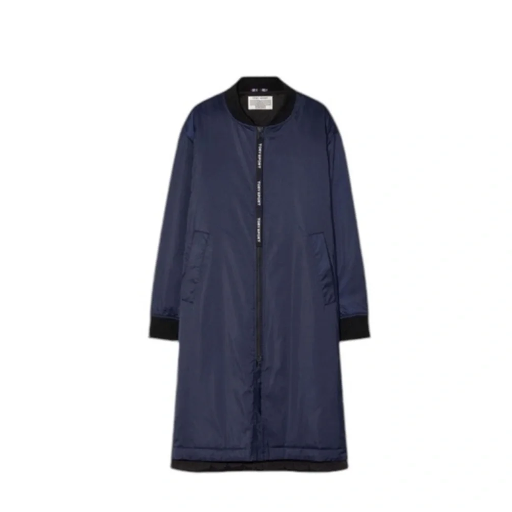 Tory Burch Sport Performance Navy Blue Satin‎ Long Bomber Jacket Coat Medium